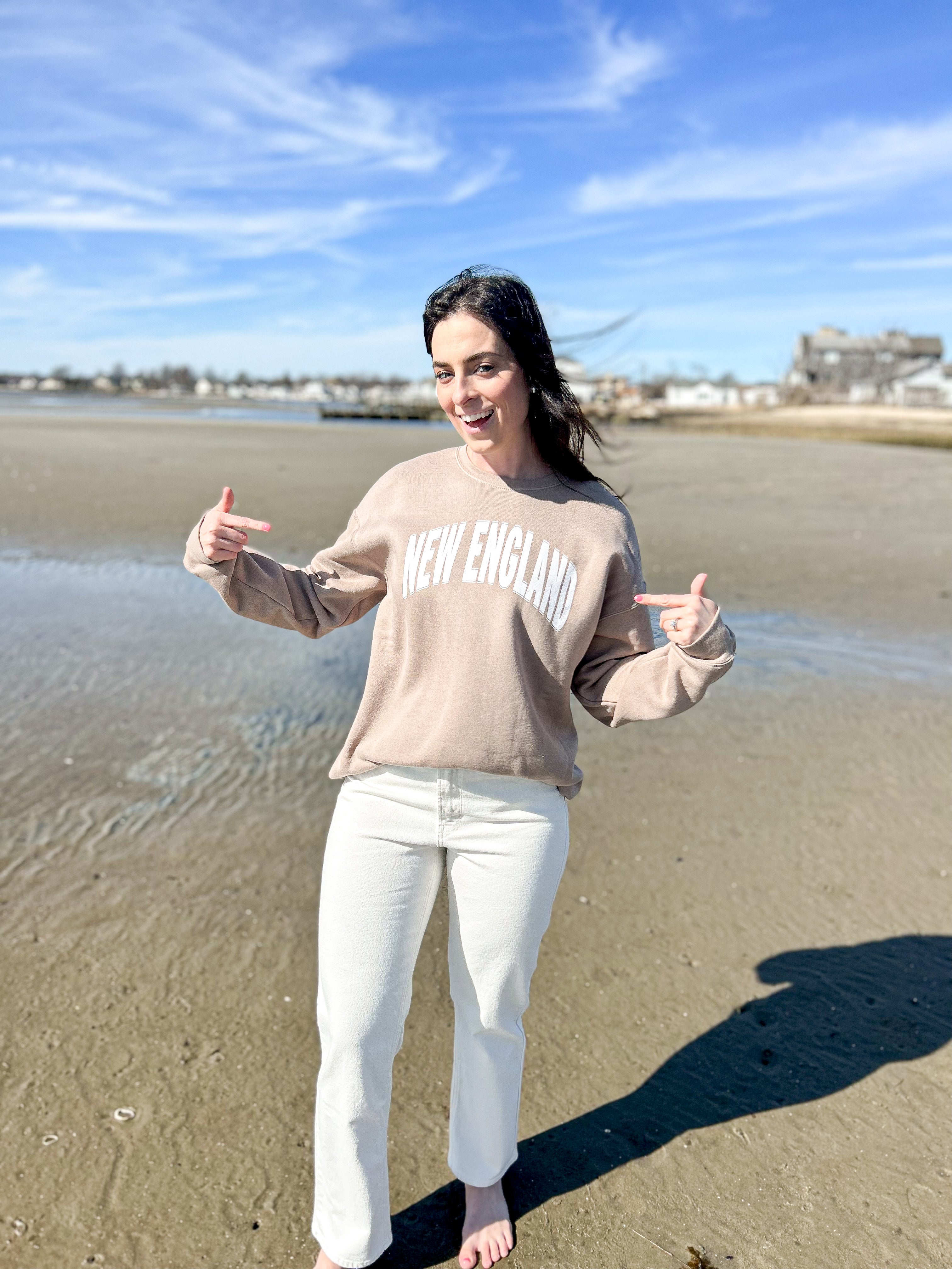 Taupe Tan crewneck sweatshirt, New England text on the front of the sweatshirt, relaxed fit, anchored american logo on the back of the sweatshirt