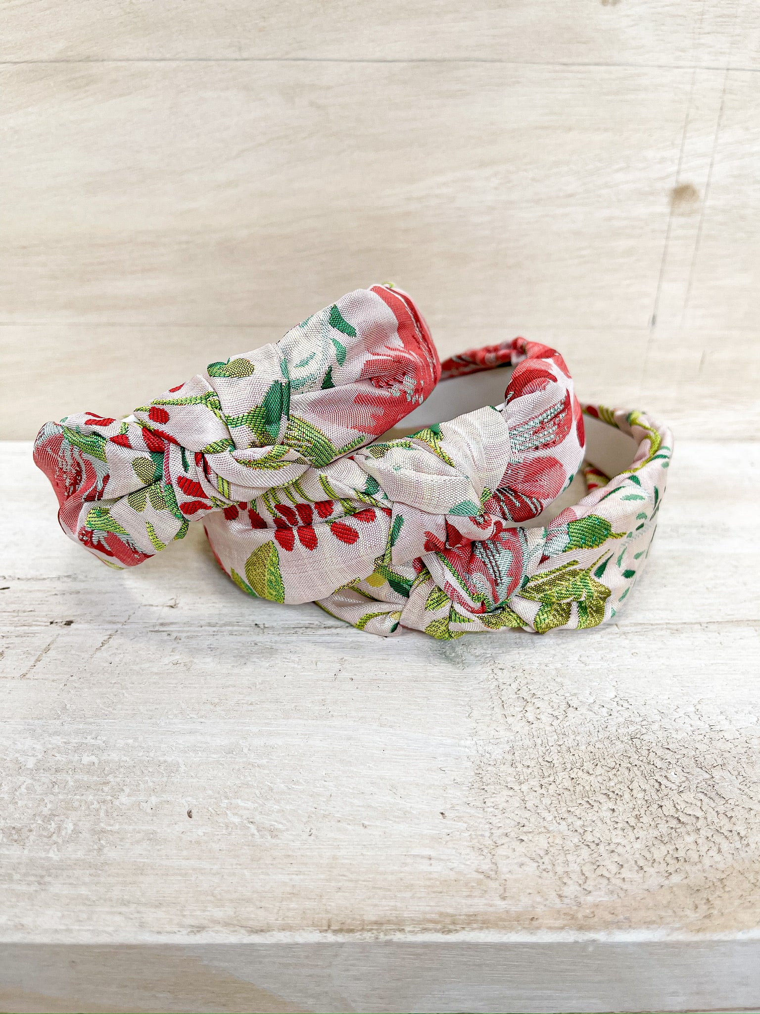 floral tropical headband, knot detail on top, green, pink, red