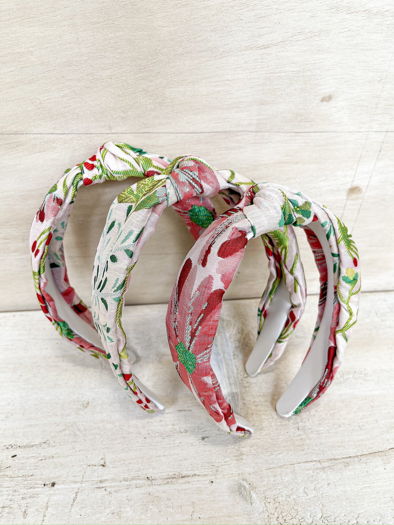 floral tropical headband, knot detail on top, green, pink, red
