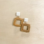 rattan earring, square , open square, lightweight, white bead