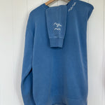custom sweatshirt, embroidered mama on neckline, embroidered custom kids name on the sleeve, oversized fit, blue