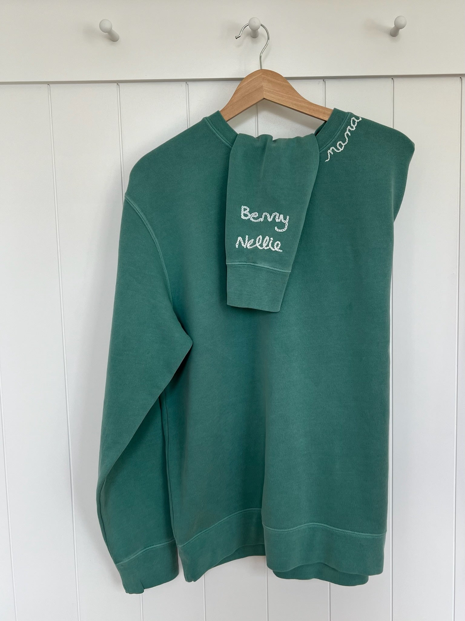 custom sweatshirt, embroidered mama on neckline, embroidered custom kids name on the sleeve, oversized fit, green