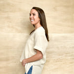 short sleeve, oversized relaxed gauze top, high low cut, longer in the back, side slit, v neckline