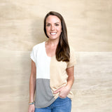 Lightweight crochet short sleeve sweater, color block, grey, khaki and white, scoop neckline, relaxed fit in the body
