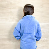 royal blue, pullover sweatshirt, half zip, white draw strings, scrunched wristband, frayed edges, relaxed fit