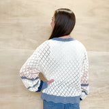 crochet lightweight sweater, blue and pink stripe accent details, scalloped edge base and cuff details