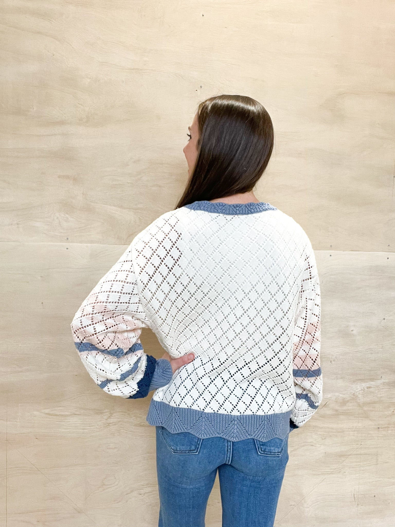 crochet lightweight sweater, blue and pink stripe accent details, scalloped edge base and cuff details