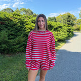 Fiona Striped Terry Sweatshirt - Tomato/Baby Blue