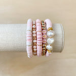 Handmade bracelet, locally made, soft clay bead, stretch bracelet, paired with some other pink callie favorites