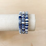 Handmade bracelet, locally made, soft clay bead, stretch bracelet, Navy and white with a stripped pattern