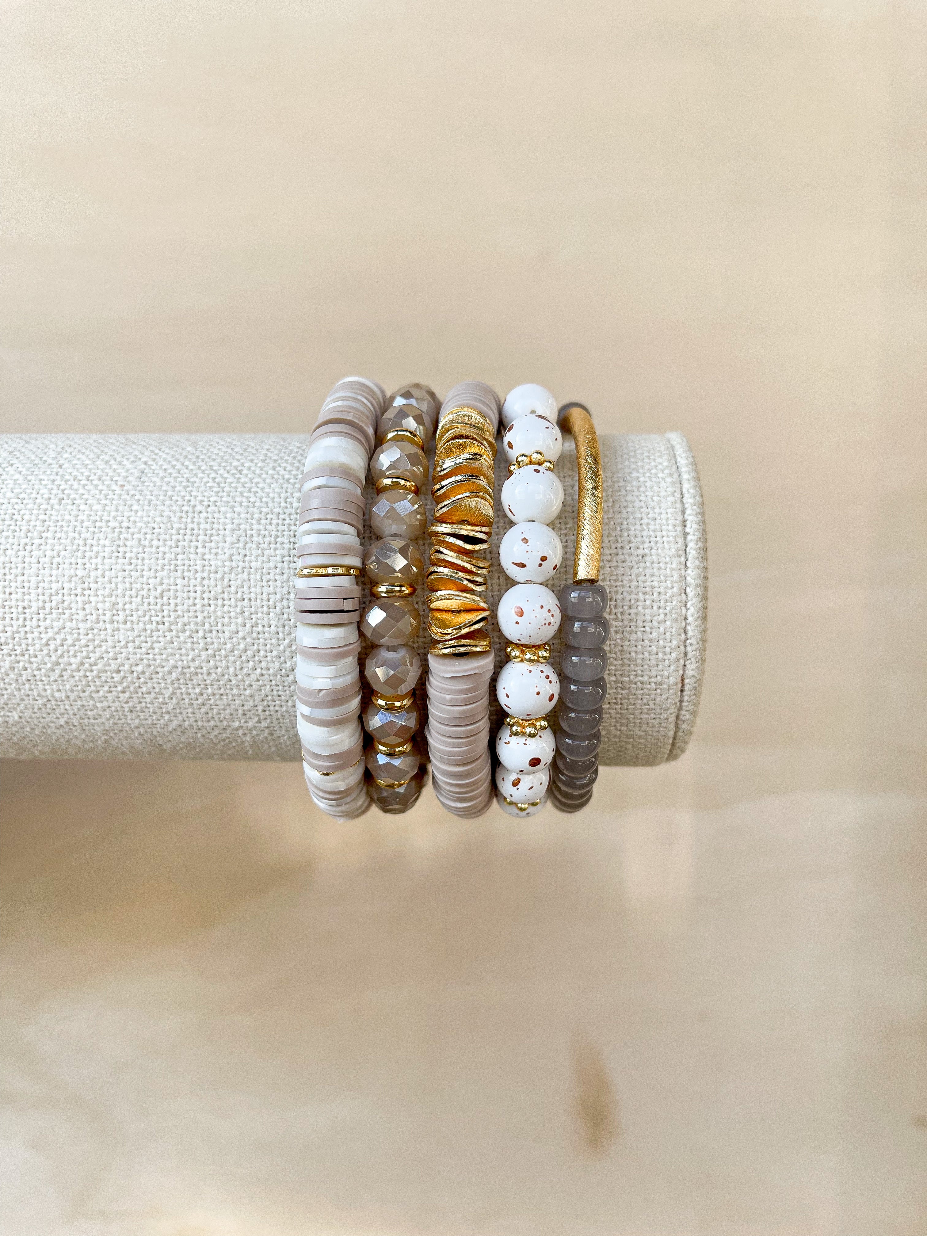 Handmade bracelet, locally made, soft clay bead, stretch bracelet, stack of our favorite neutral callie bracelets