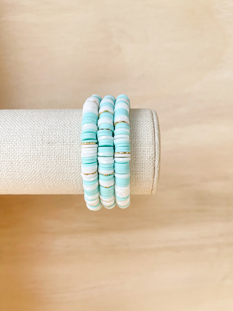 Handmade bracelet, locally made, soft clay bead, stretch bracelet, teal, white bead, stripped pattern