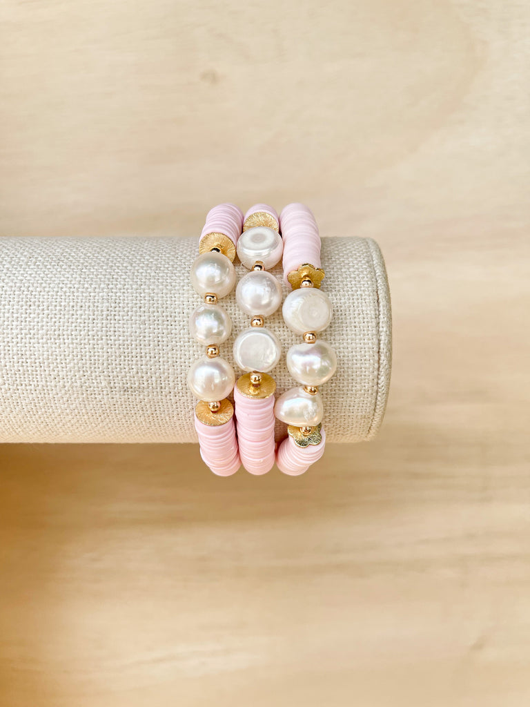 Handmade bracelet, locally made, soft clay bead, stretch bracelet, Pink clay beads, three pearls on each bracelet separated with small gold beads
