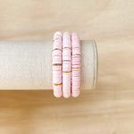 Handmade bracelet, locally made, soft clay bead, stretch bracelet, pink beads with gold spacers
