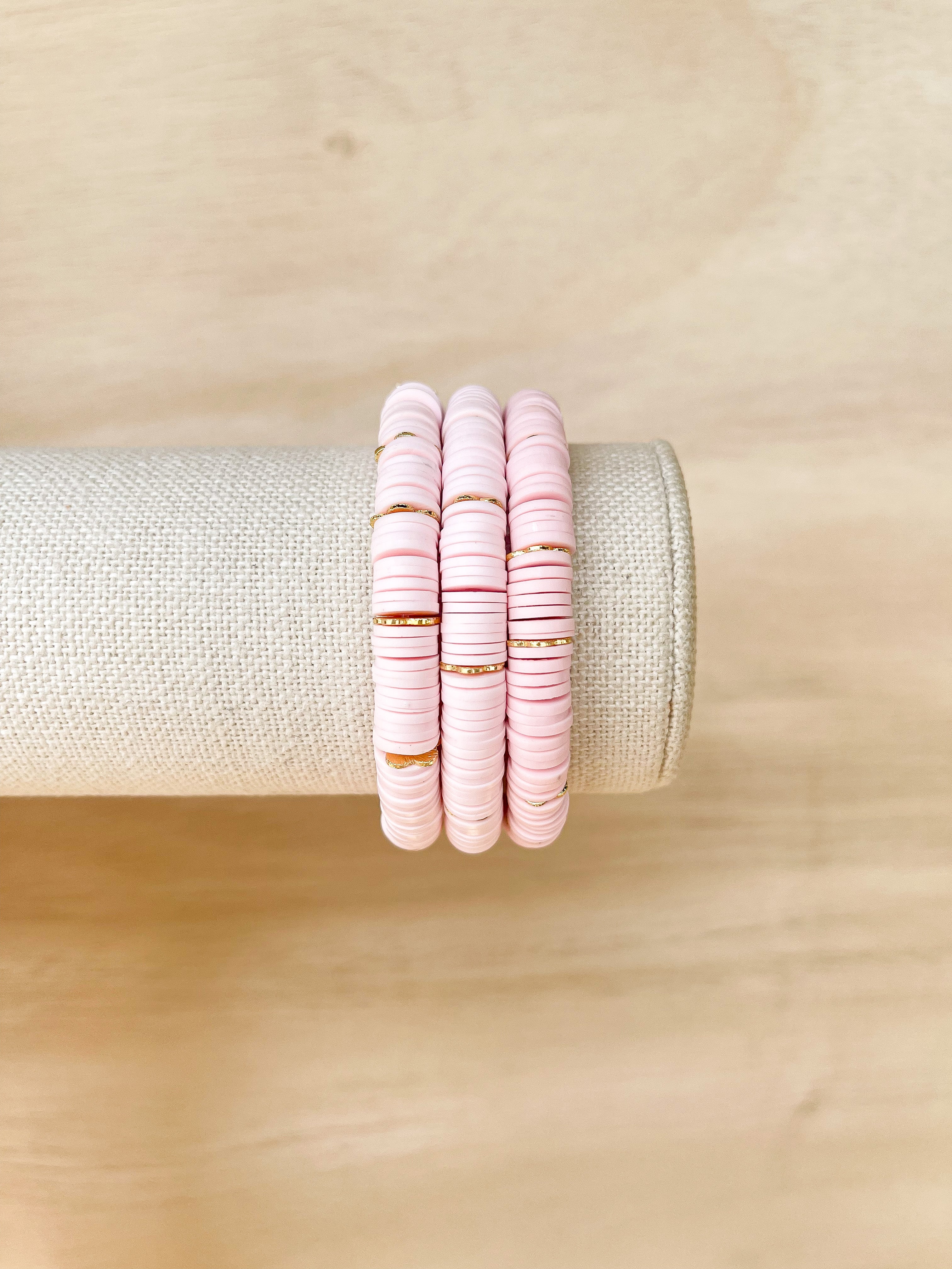 Handmade bracelet, locally made, soft clay bead, stretch bracelet, pink beads with gold spacers