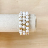 Handmade bracelet, locally made, soft clay bead, stretch bracelet, gold and white speckled beads separated with gold spacers