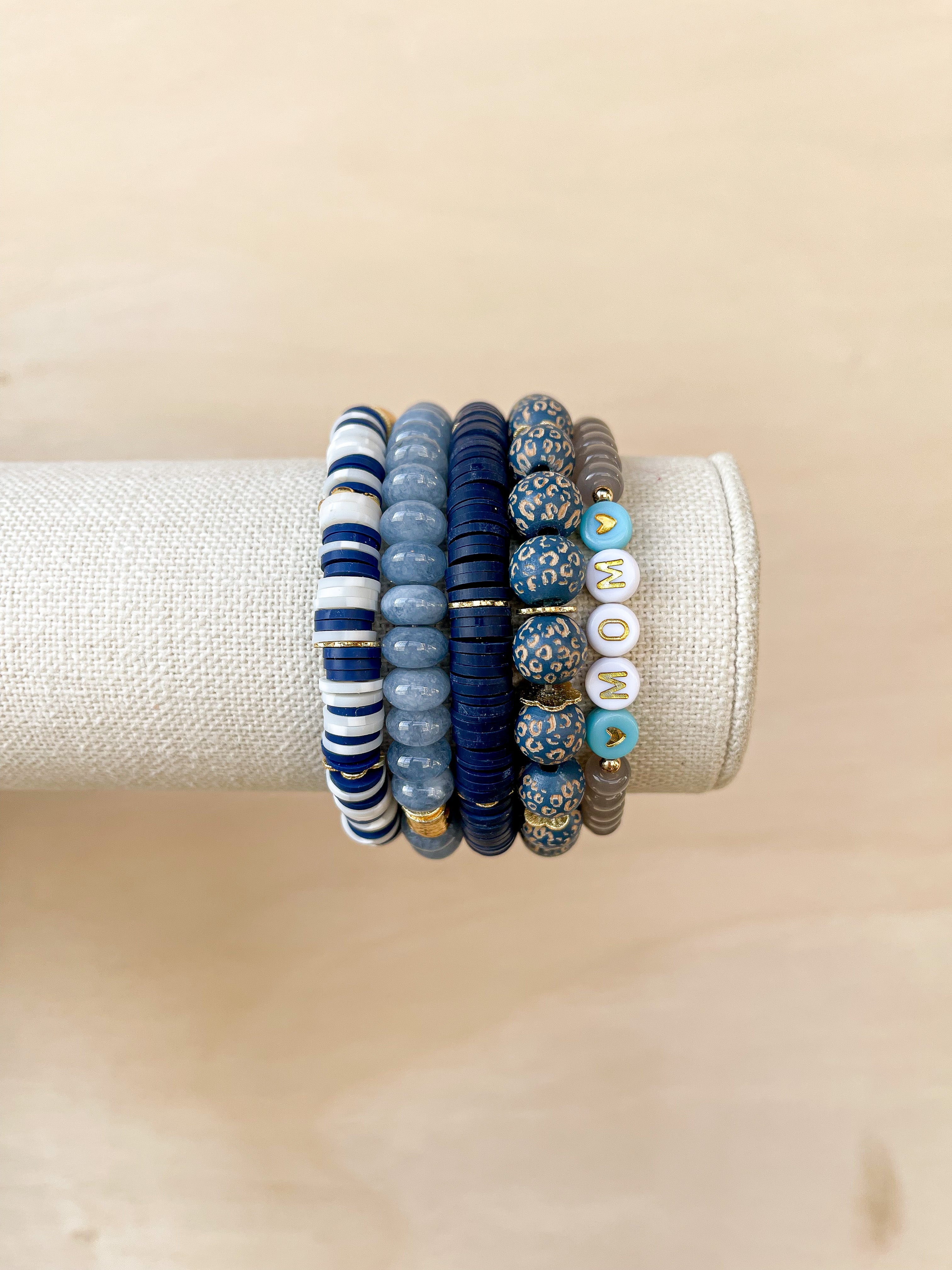 Handmade bracelet, locally made, soft clay bead, stretch bracelet, paired with some other Callie favorites