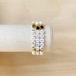 Handmade bracelet, locally made, soft clay bead, stretch bracelet, white and gold speckled clay bead, white bead with gold lettering that spells bride, gold heart bead