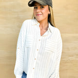 Linen Pinstripe Button Front Top - Off White