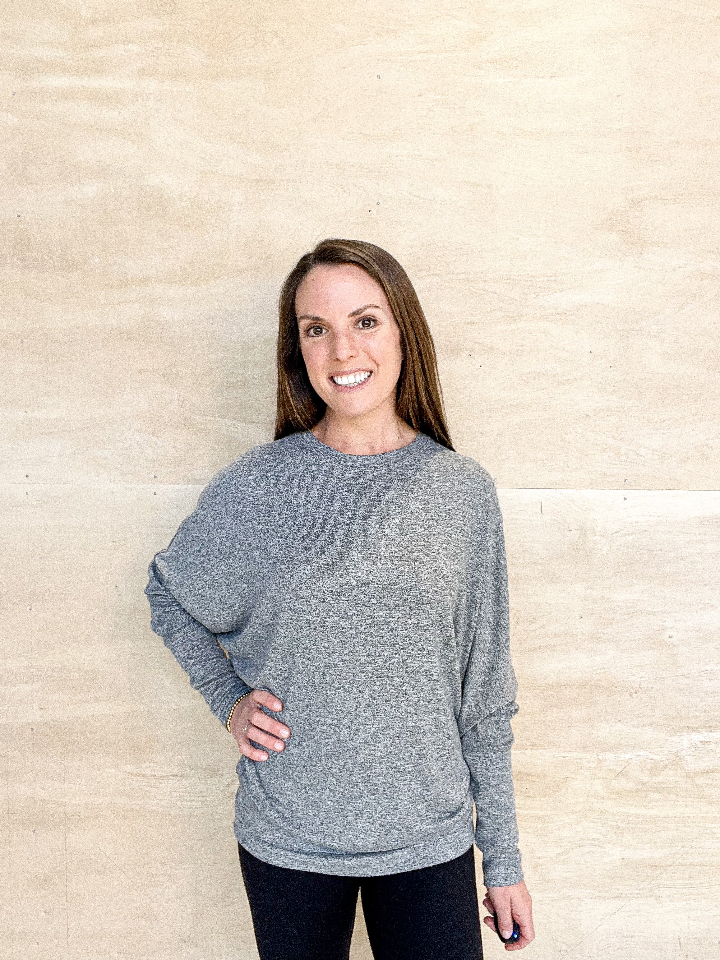 long sleeve, fun sleeve detail, heather grey color, soft material, relaxed body