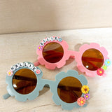 Kids floral sunglasses, with customized names on the upper left side, blue and pink glasses, customizable