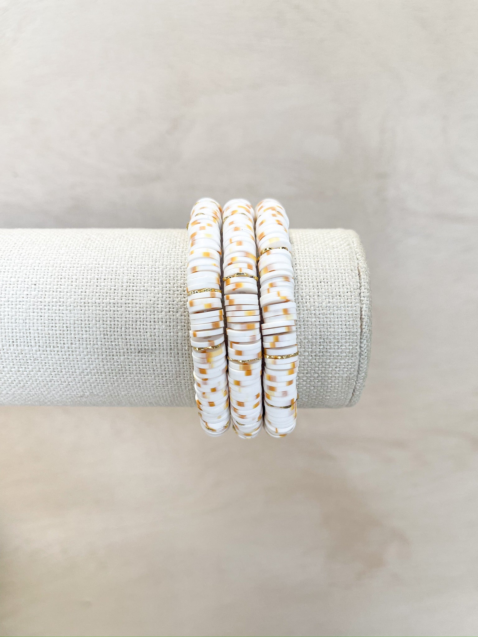 white and camel speckled, gold spacer beads, handmade
