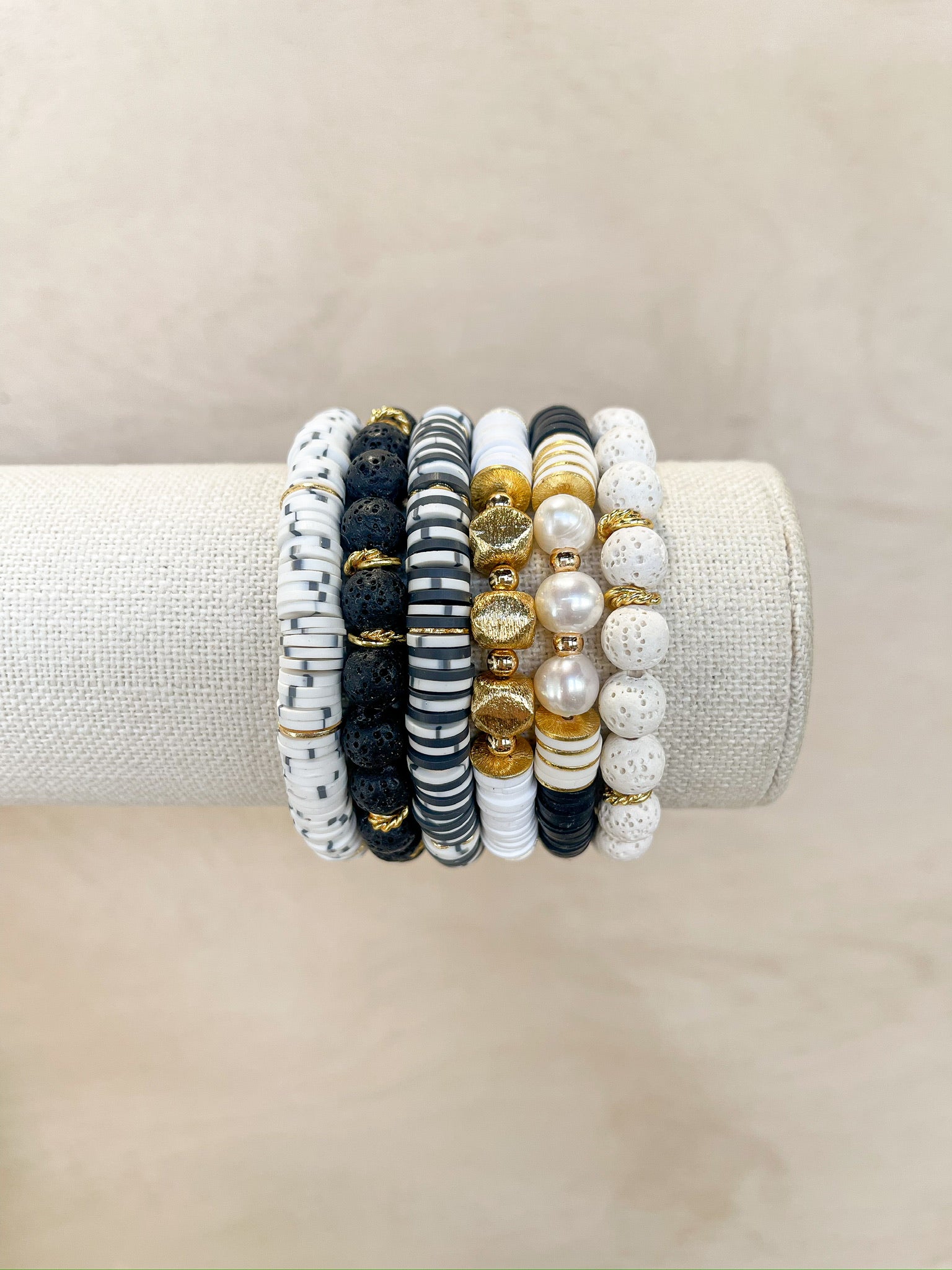 dark grey clay beads, gold spacers, mix of white and dark grey beads, handmade, stack with other callie bracelets