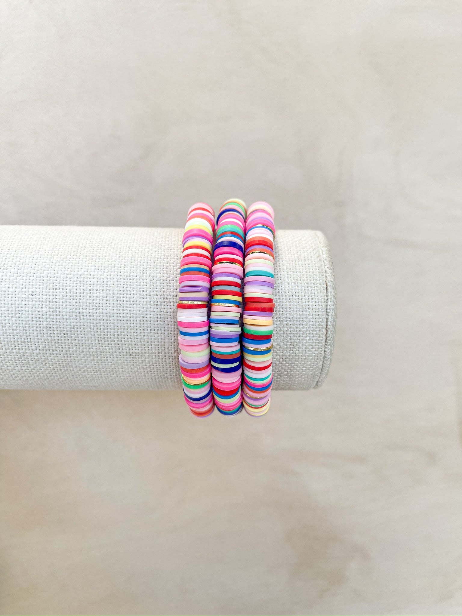rainbow clay beads, gold spacers, stretch bracelet, handmade
