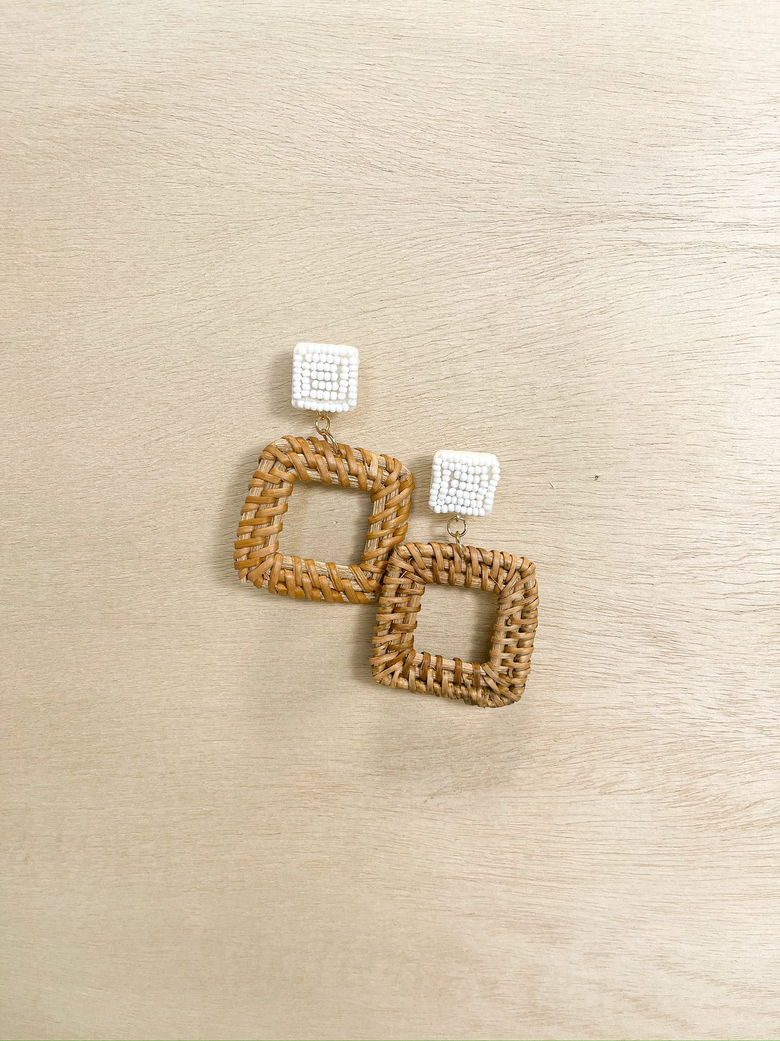 rattan earring, square , open square, lightweight, white bead