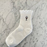 Embroidered Ruffle Socks - Wine Glass
