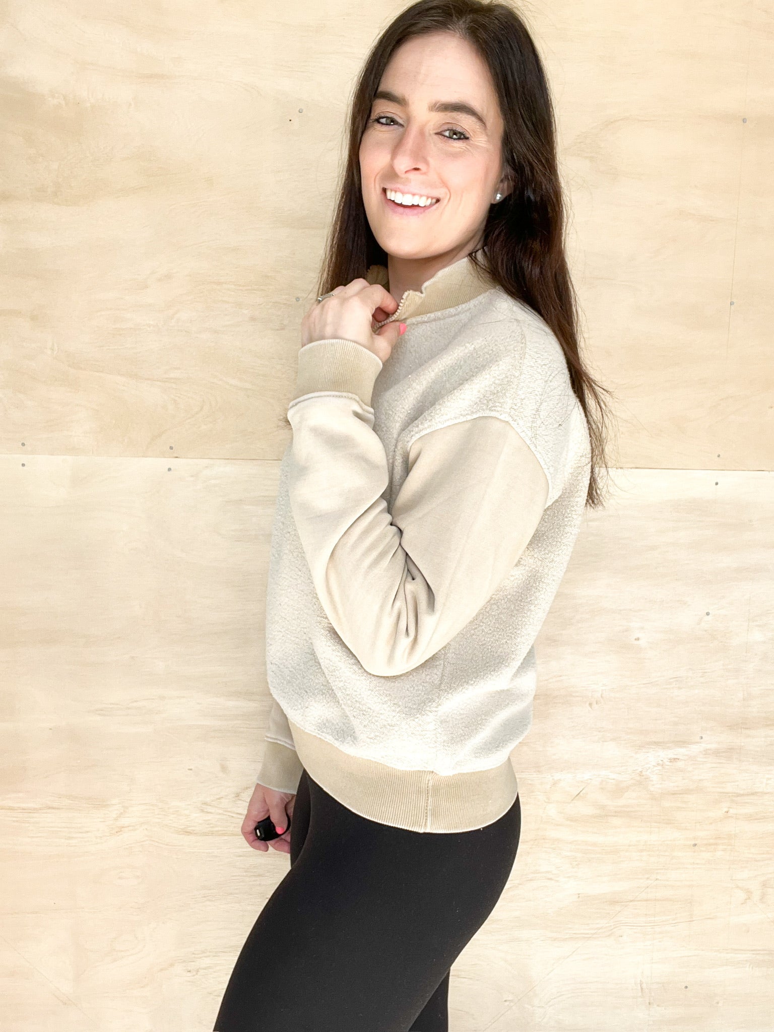 light taupe quarter zip, duel texture, soft light tan on the front, wide waistband, cropped length