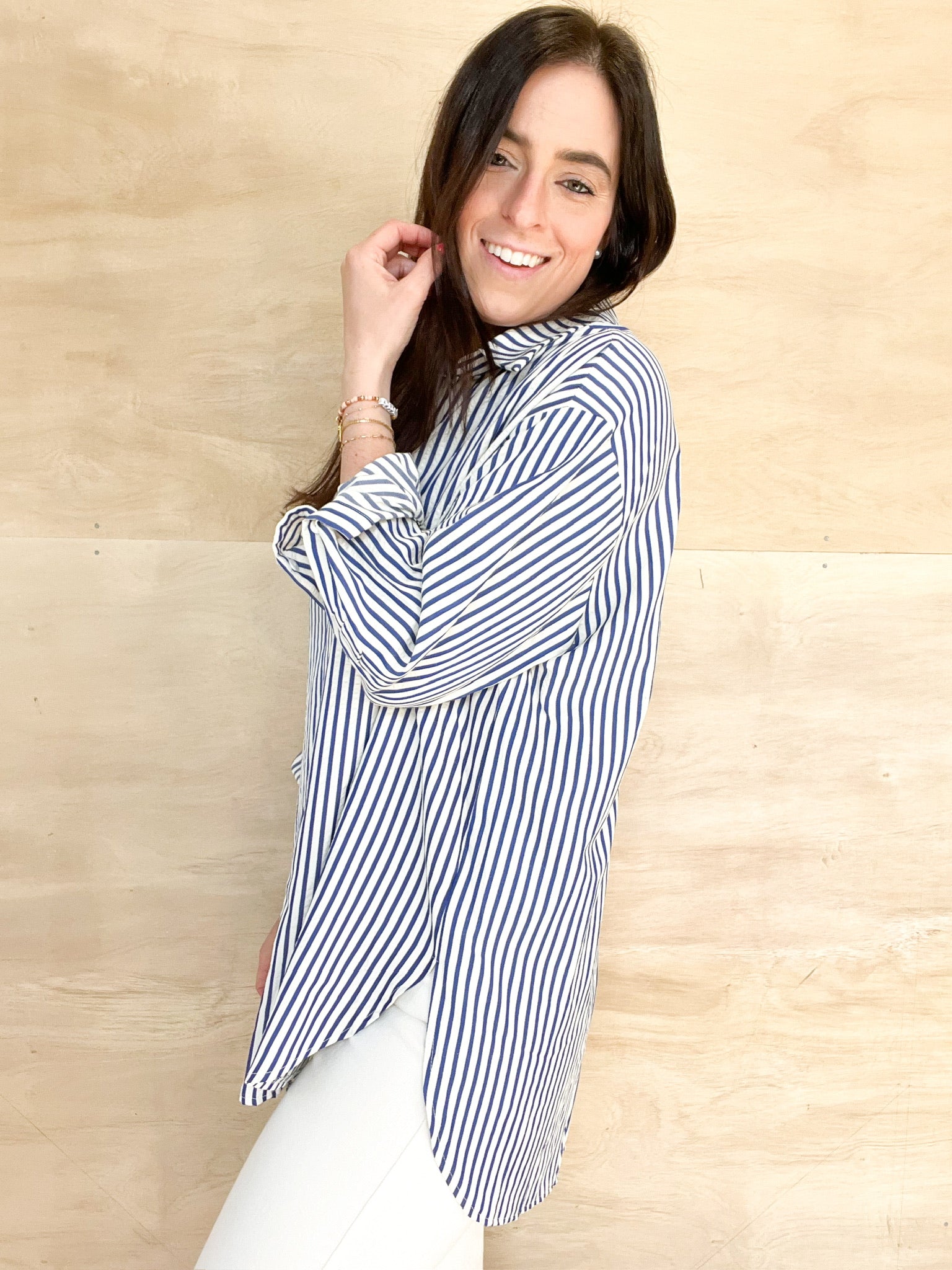 white and navy vertical stripes, oversized button down, long in length