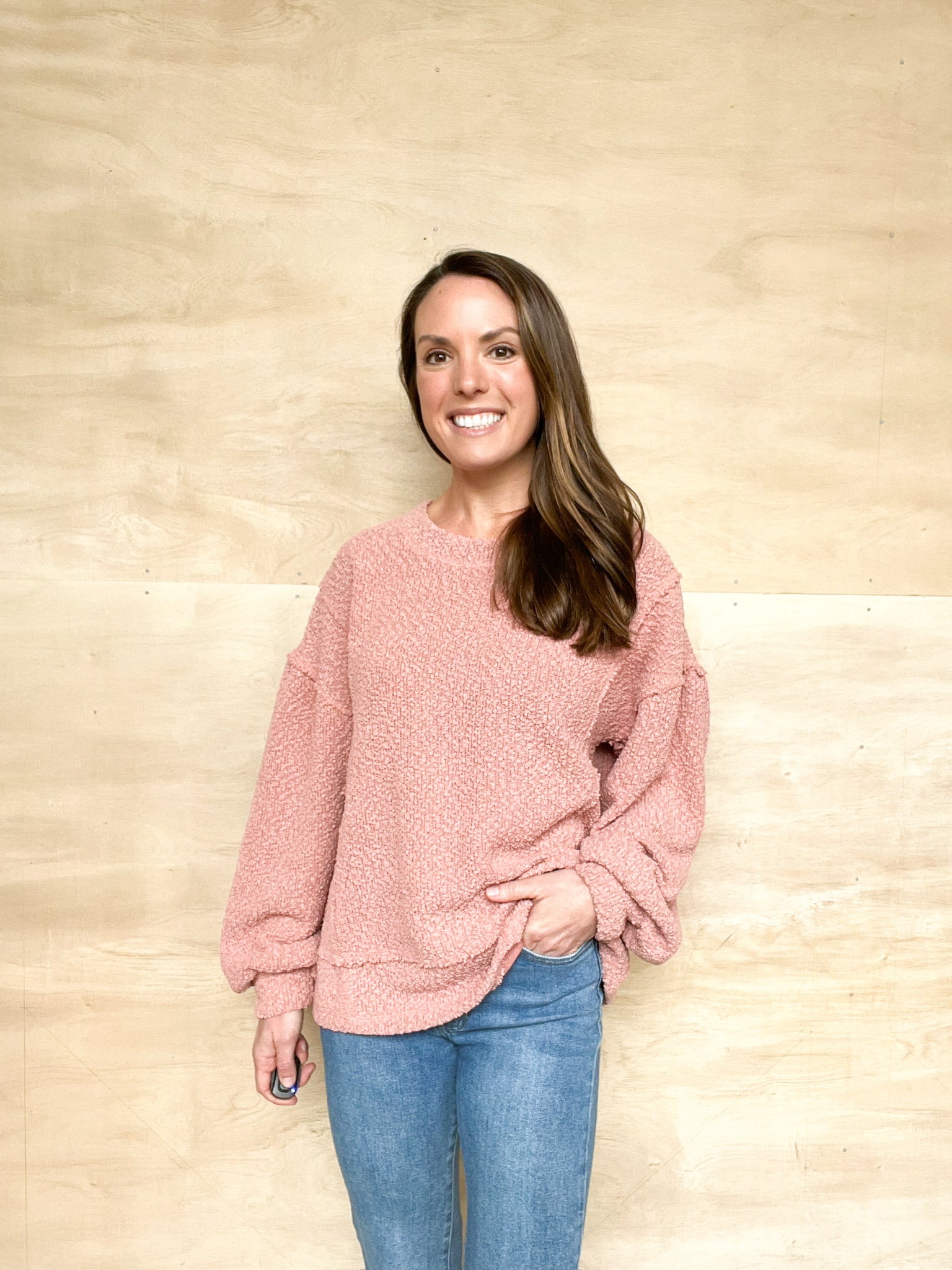 blush color top, oversized fit, balloon accent sleeve, round neckline, long in length