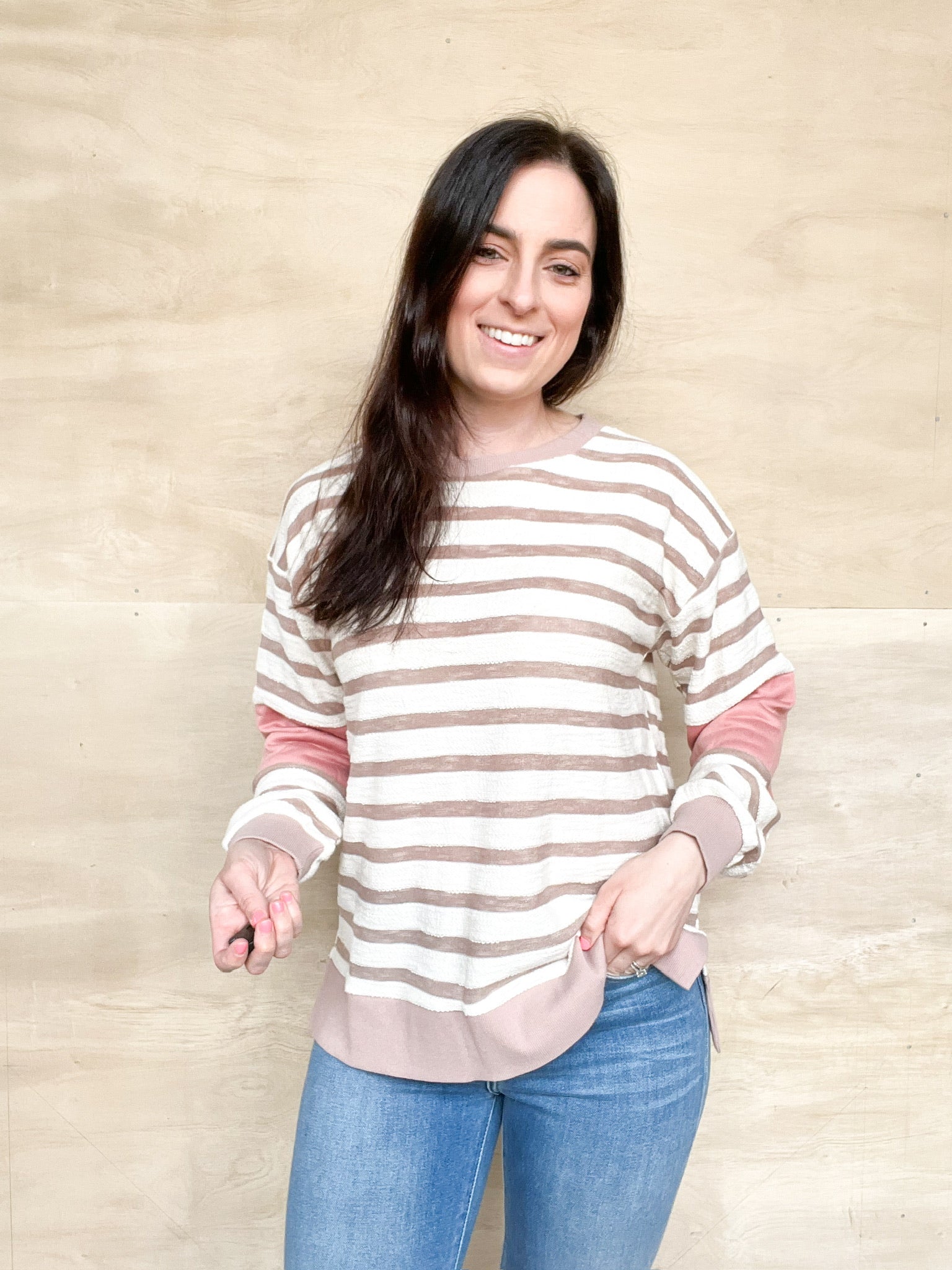 Stripped long sleeve, mauve stripes, round neckline, peach color block on elbow and back, relaxed fit