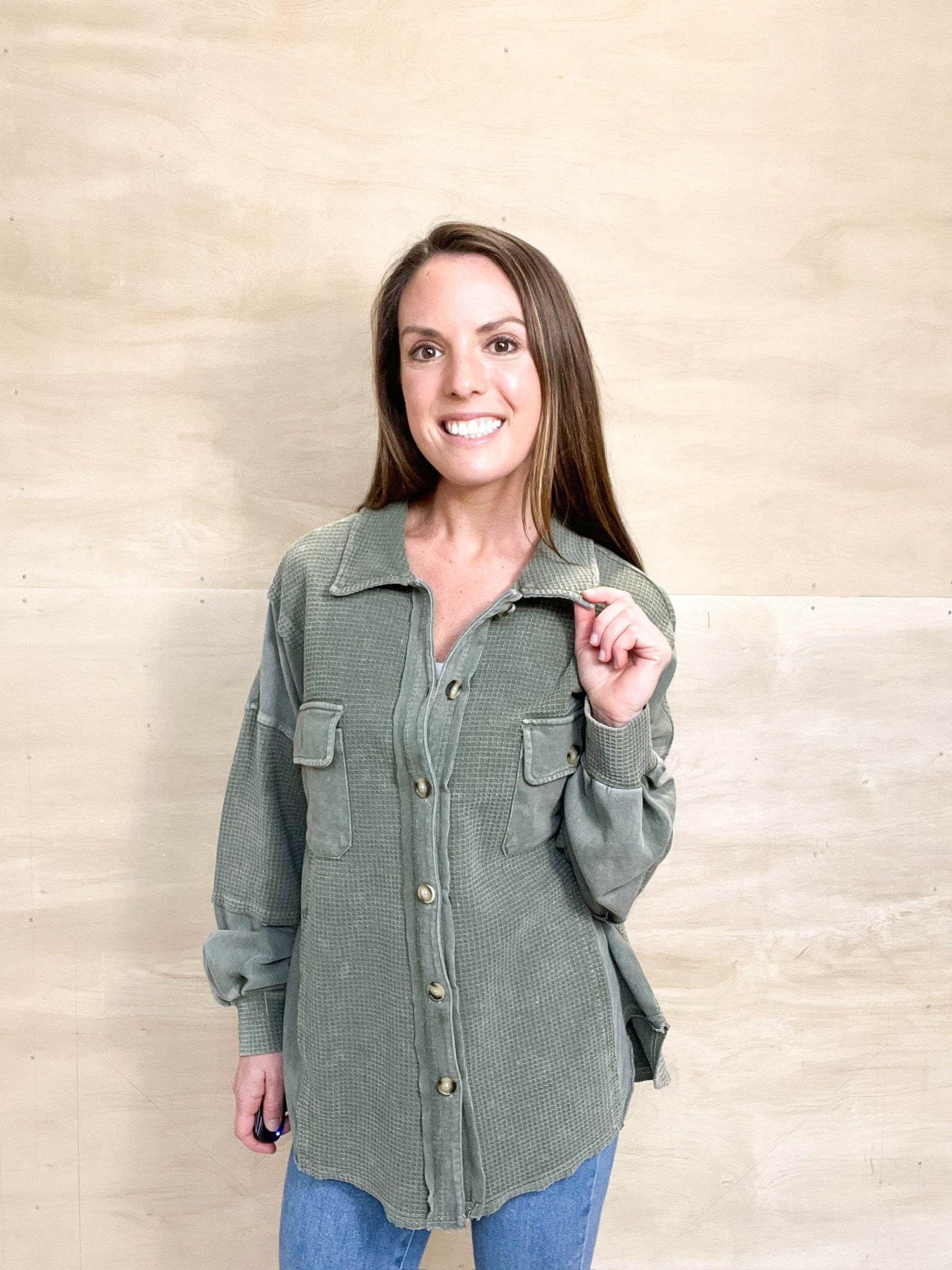 green waffle long sleeve button down, tortoise shell buttons, long in length