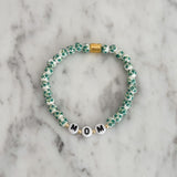 Callie Bracelet - Green & White Floral Beads with "Mom"