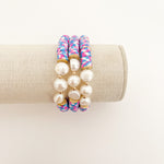 Handmade bracelet, locally made, soft clay bead, stretch bracelet,  blue pink and white speckled beads, three pearl beads separated with gold beads