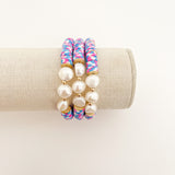 Handmade bracelet, locally made, soft clay bead, stretch bracelet,  blue pink and white speckled beads, three pearl beads separated with gold beads
