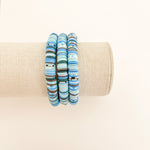 Handmade bracelet, locally made, soft clay bead, stretch bracelet, different blue and greens mixed together 