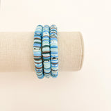 Handmade bracelet, locally made, soft clay bead, stretch bracelet, different blue and greens mixed together 