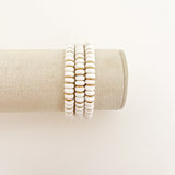 Handmade bracelet, locally made, soft clay bead, stretch bracelet,  white thick beads with gold spacers in between
