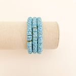 Handmade bracelet, locally made, soft clay bead, stretch bracelet, blue and green speckled beads with small gold spacers