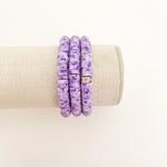 Handmade bracelet, locally made, soft clay bead, stretch bracelet, light and dark purple speckled beads with gold spacers