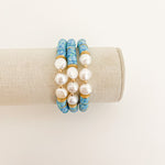 Handmade bracelet, locally made, soft clay bead, stretch bracelet, blue speckled beads with three pearls and gold ball spacers