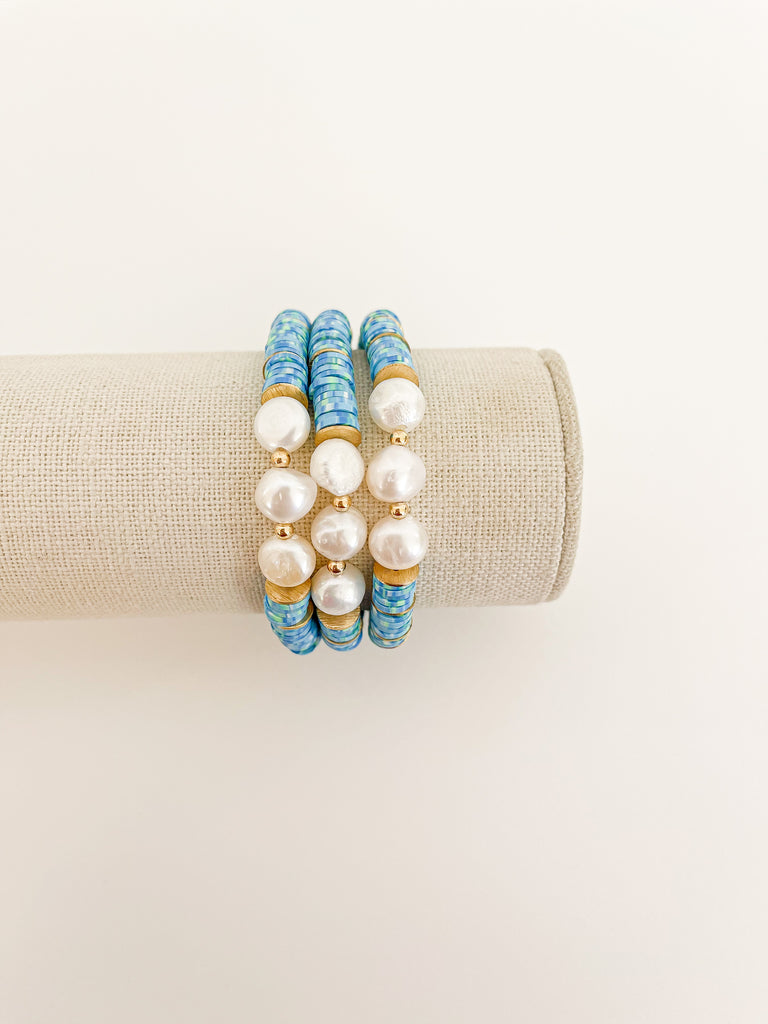 Handmade bracelet, locally made, soft clay bead, stretch bracelet, blue speckled beads with three pearls and gold ball spacers